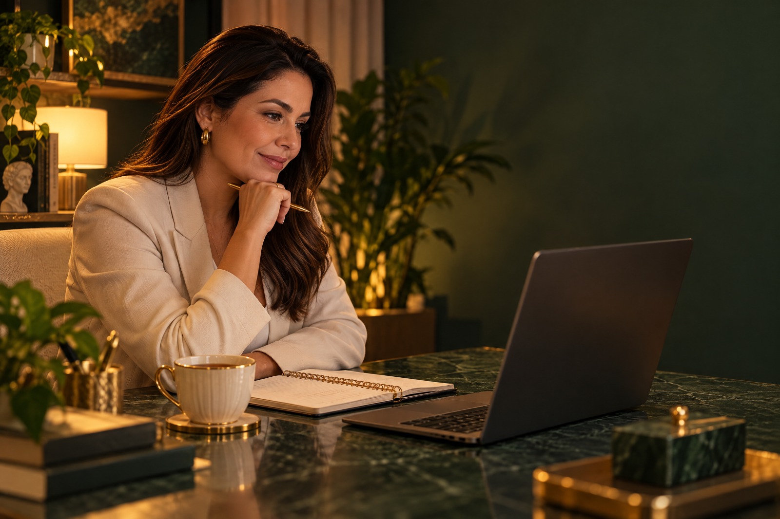 Mulher em ambiente tranquilo à noite, diante de um computador, representando uma conversa online em horário atípico