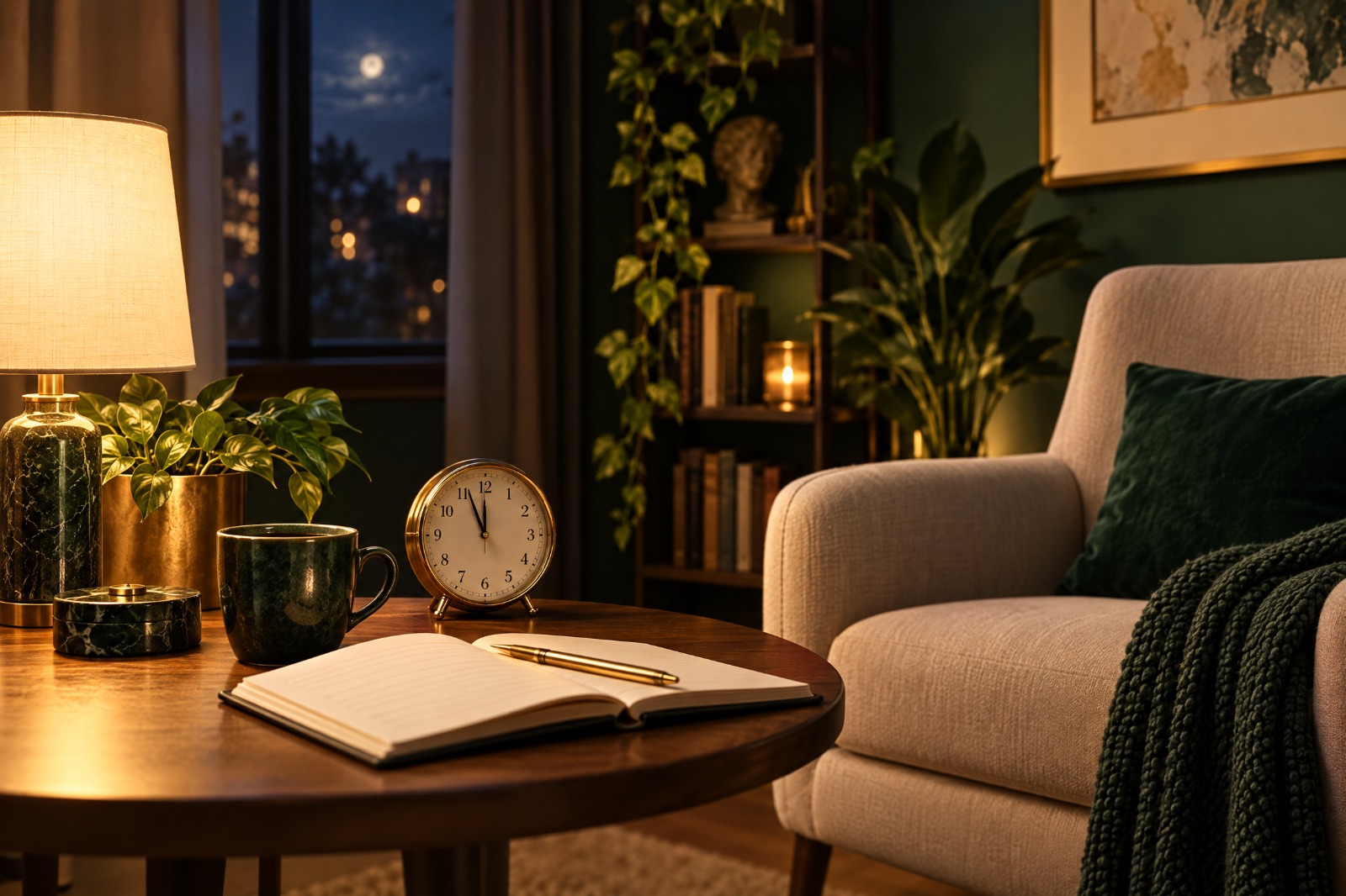Ambiente tranquilo iluminado à noite, com relógio, luminária e espaço preparado para uma conversa.