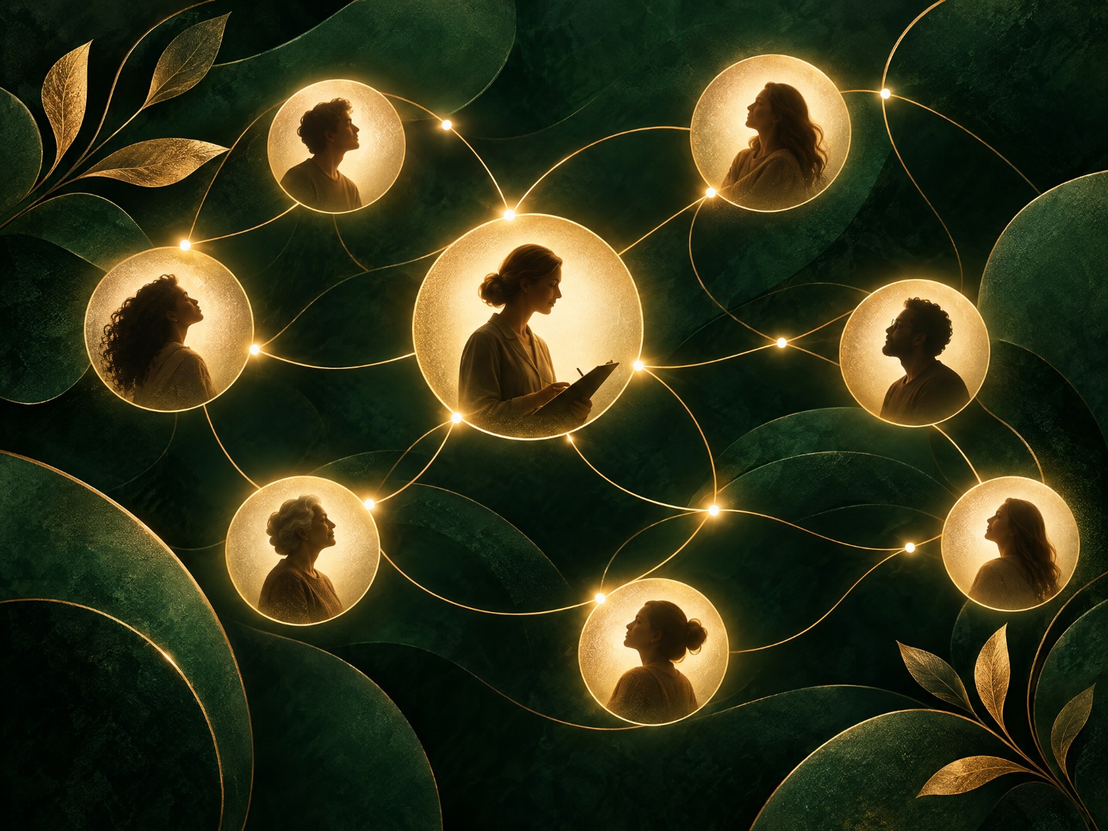 Representação visual de uma rede de pessoas conectadas por pontos de luz dourados sobre fundo verde.