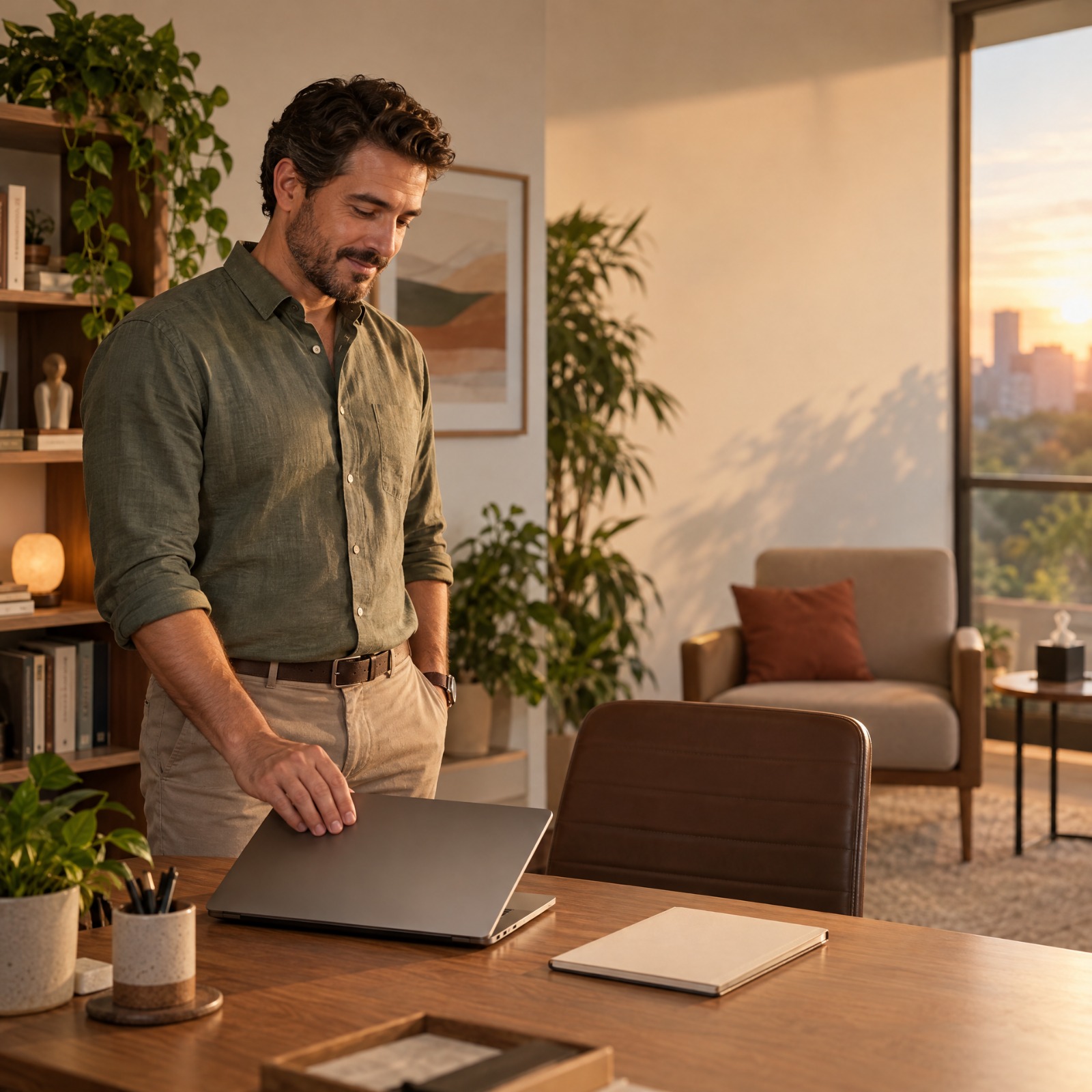 Profissional em pé em ambiente com livros e plantas, segurando um computador